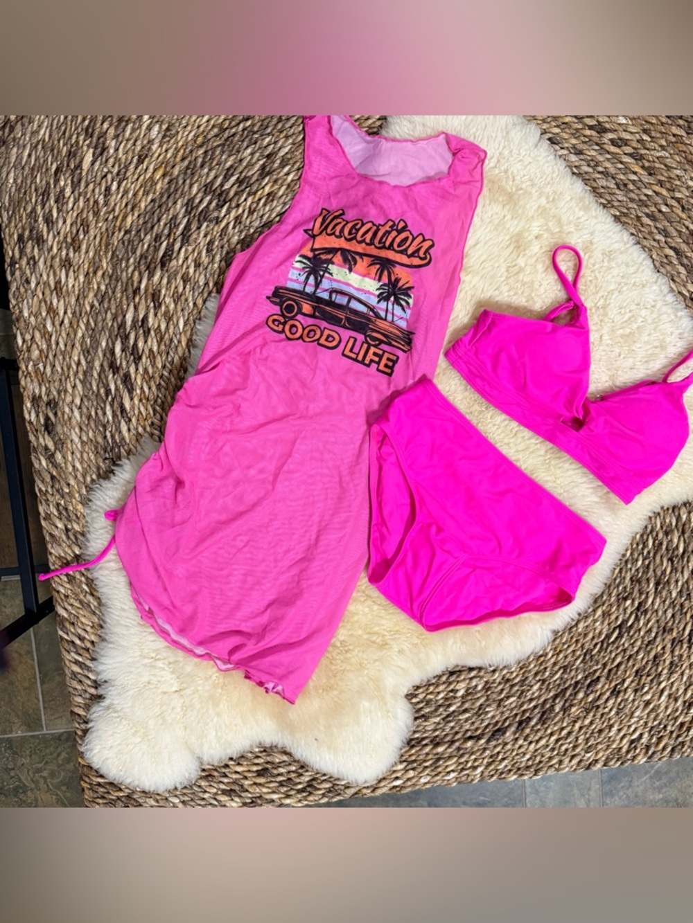 Girls' Pink 'Vacation Good Life' Swim Cover-Up and Bikini Set